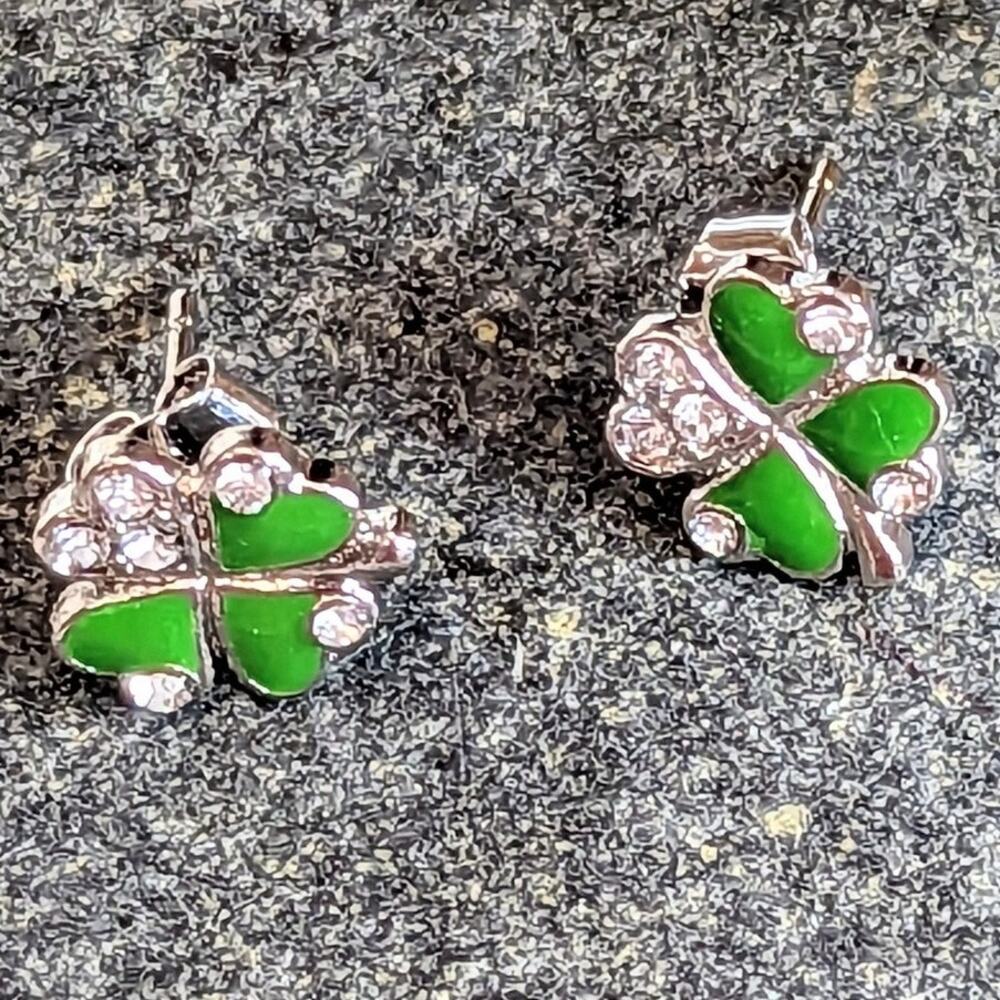 Green Four Leaf Clover Post Earrings Irish Bling Shamrocks Lucky St. Pat Sparkle